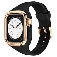 OUHENG Compatible with Apple Watch Band 41mm 40mm 38mm with Bumper Case, Women Sport Strap with Rugged Metal Edge Bumper and Silicone Cover for iWatch Series 9 8 7 6 SE 5 4 3 2 1, Black/Rose Gold