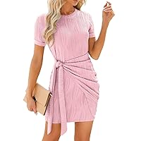 Women's Sundresses Fashion Solid Colour Round Neck Pleated Tie Short Sleeve Knitted Hip Dresses, S-2XL