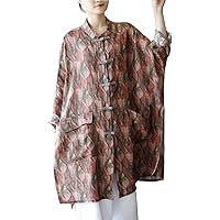 Women's Retro Maple Leaf Print Tunic Dresses Ethnic Linen Chinese Frog Button Top Tees