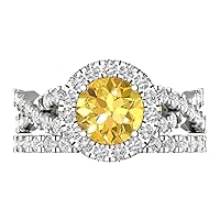 Clara Pucci 2.34 carat Round Shape Halo Solitaire Natural Citrine Engagement Wedding Anniversary Bridal Ring band set 14k White Gold