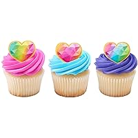 DECOPAC Rainbow Prism Heart Cupcake Rings, Cake Toppers, Multicolored Food Safe Decorations For Parties– 24 Pack