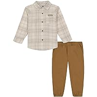 Timberland Baby Boys 2-Piece Long Sleeve Woven Shirt & Pant Set, Everyday Wear, Comfortable Fit, Turtledove/Ermine