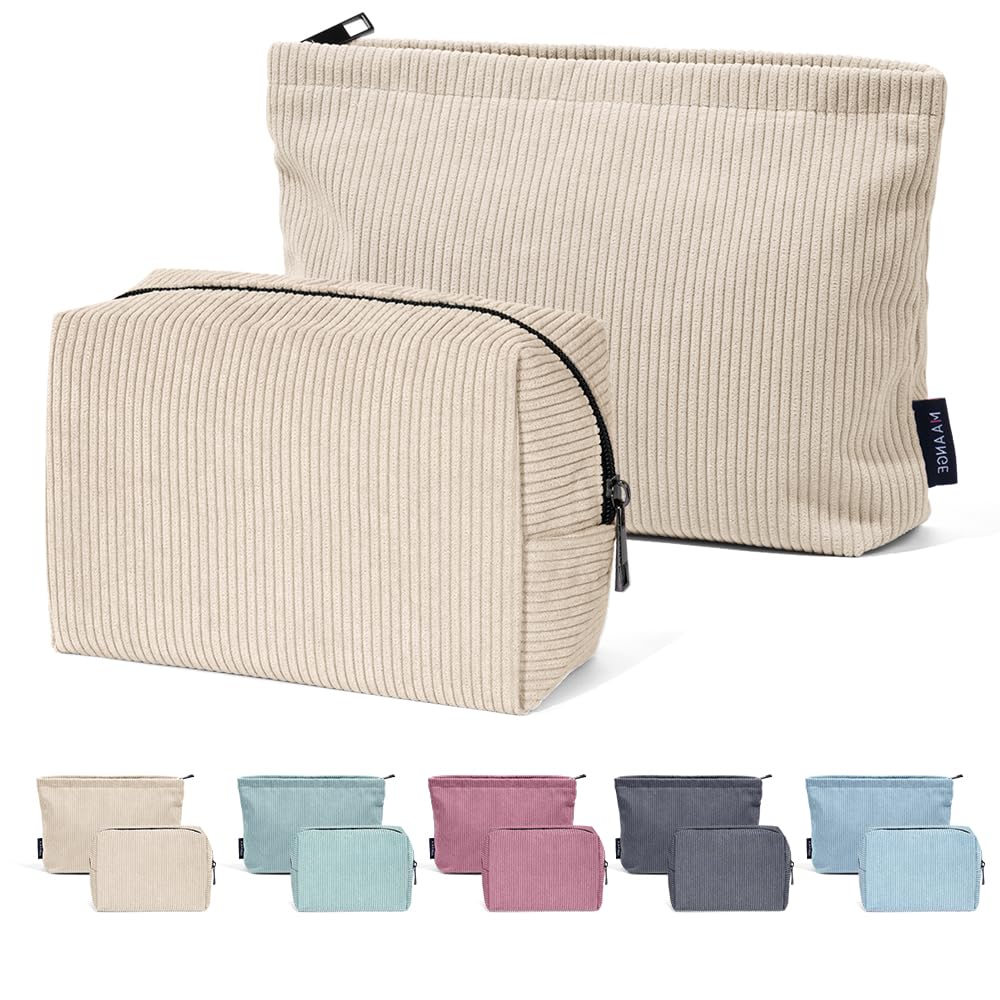MAANGE Cosmetic Bags for Women Small Makeup Bag for Purse Corduroy Makeup Pouch Travel Makeup Bag Portable Make Up Bag for Travelling (Beige)