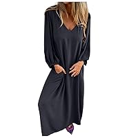 Maxi Dress for Women,Women Casual Fashion Solid Color V Neck Dress Mid Long Sleeve Shirt Elegant Solid Dresses