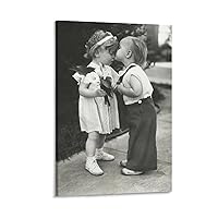 First Love Vintage Photo Poste Boy Kissing Girl Black N White Retro Illustration Funny Children Pri Canvas Painting Posters And Prints Wall Art Pictures for Living Room Bedroom Decor 12x18inch(30x45