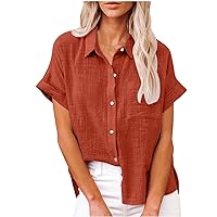 Clearance Prime Deals Womens Cotton Linen Blouses Casual Button Down Shirts 2024 Short Sleeve Loose Work Tops Solid Dressy Shirt Top with Pocket New Items On Orange