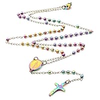 3mm Rainbow Beads Christian Rosary Necklace for Women Men, Colorful Stainless Steel Praying Rosary Necklace Jewelry, 26 Inch