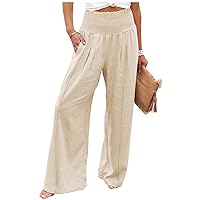 Women Linen Palazzo Pant Summer Casual Loose High Waist Wide Leg Long Lounge Pant Trousers with Pocket