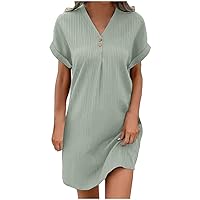 Deal of The Day Today Women 2024 Casual Mini Dresses Rolled Up Short Sleeve V Neck Shift Dress Summer Elegant Textured Dresses Loose Tunic Dress Robe Femme ETE Gray