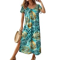 Bohemian Dress for Women 2024 Floral Print Fashion Pretty Casual Loose Fit with Short Sleeve Crewneck Dresses