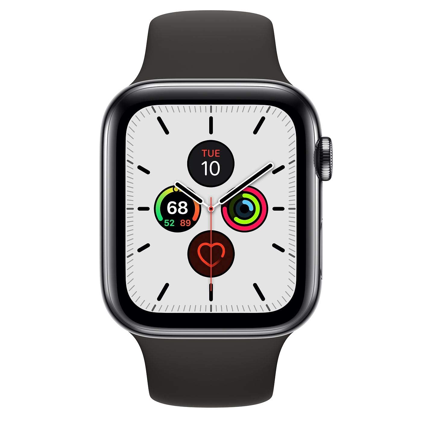 Apple Watch Series 5 (GPS + Cellular, 44MM) Space Black Stainless Steel Case with Black Sport Band (Renewed)