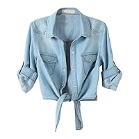 PUWEI Women's Denim Shirts Casual Button Up 3/4 Sleeve Tie Front Jean Crop Tops