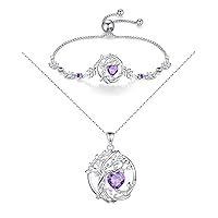 FANCIME Tree of life February Birthstone Jewelry Set Sterling Silver Amethyst Pendant Bracelet Birthday Mothers Day Gifts for women Wife Mom Her