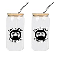 2 Pack Glasses with Bamboo Lids And Straw Eat Sleep Game Repeat Glass Cup Cute Glass Cups Happy Mother's Day Cups Great For For Juicing Coffee Soda Tea