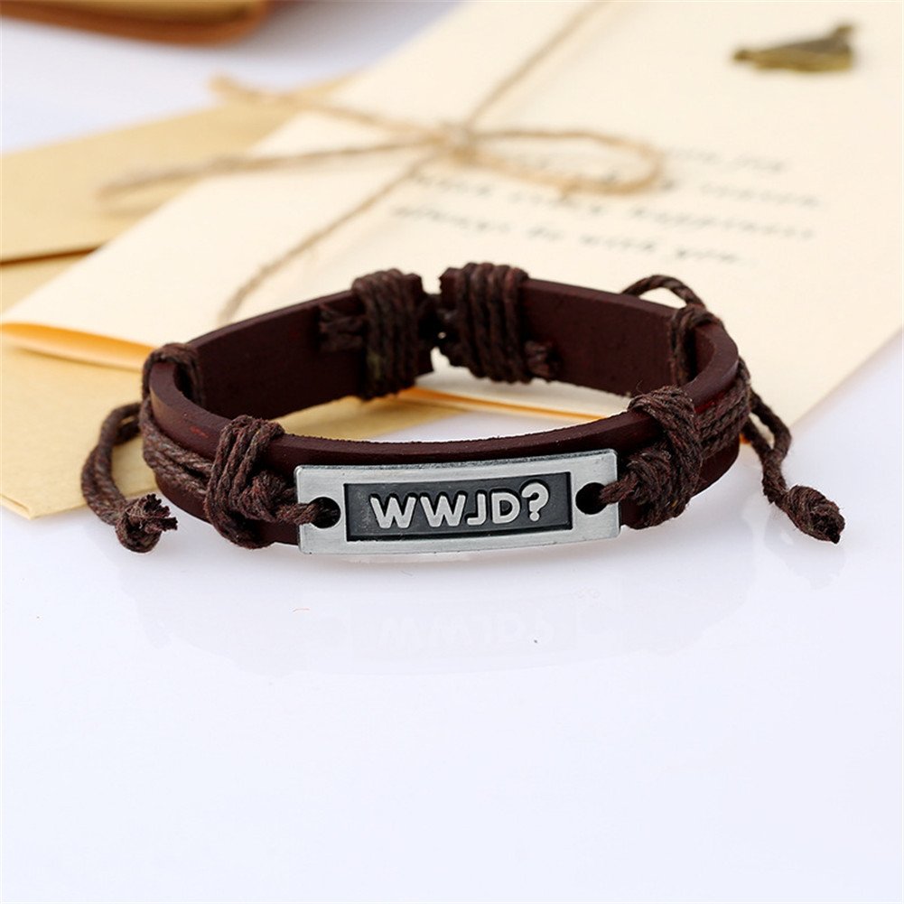 Sunling Adjustable WWJD Cowhide Leather Bracelet for Women Men Religious What Would Jesus Do Gods Guide Bangle Wristband
