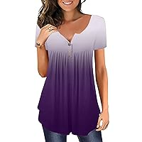 Tunic Tops to Wear with Leggings Hide Belly 2023 Short Sleeve Hide Belly Butterfly T Shirts Casual Button V-Neck Tunic Tops
