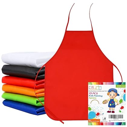 Caydo 15 Pieces Middle Size Kids Painting Apron for Ages 5 to 10, in Kitchen, Classroom, Community Event, Crafts and Art Painting Activity, 15 Colors
