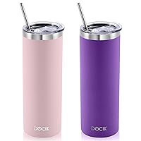 20 oz Straight Skinny Tumblers 2 Pack, Stainless Steel Double Wall Vacuum Insulated Slim Travel Tumbler Cup with Lids and Straws, Gifts for Women Her Mom Sister Bestie