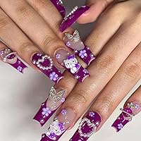 24Pcs Purple Coffin Nails Press on Nails 3D Flowers Pearl Butterfly Nail Charms Design Fake Nails with Glue Purple Acrylic Nails Supply 3D Flowers Full Cover False Nails for Women and Girls