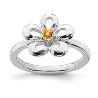925 Sterling Silver Prong set Polished Citrine Flower Ring Jewelry for Women - Ring Size Options: 10 5 6 7 8 9