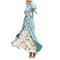 Kaftan Dresses for Women Floral Print Long Robe Ramadan Eid Abaya Maxi Dress Long Sleeve Muslim Arabic Pakistani Dress