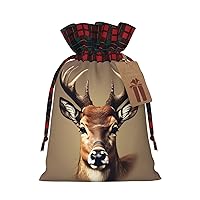MQGMZ Deer Head Printing Christmas Plaid Gift Bags Drawstring,Small Burlap Candy Wrapper Xmas Party Favor Supplies