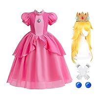 Princess Peach Cosplay Christmas Costume for Girls Kids, With A Princess Wig and Ccessories Crown Pink Dress