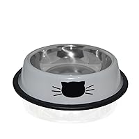 Cat Bowl by Petfuren - Non-Skid Stainless Steel Cat Dish 8 Ounce with Gray Color and Cute Cat Face for Pet Food & Water Bowl