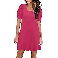 Puff Short Sleeve Slimming Dress for Women Trendy Square Neck A-Line Party Dress Summer Solid Color Cocktail Wrap Sundress