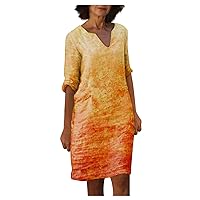 Shirt Dresses for Women 3/4 Sleeve V Neck Oversized Vintage Floral Print Casual Tunic Dress Tunic Dress for Ladies