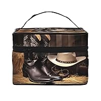 Cowboy Black Hat Western Boots Print Makeup Bag for Women Portable Toiletry Bag Large Capacity Travel Cosmetic Bag for Outdoor Travel