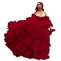 Women's Long Puffy Sleeves Prom Dresses Off The Shoulder Tiered Skirt Evening Gowns Lace Up Women Formal Dress