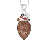 Multi-Gemstone Drop Necklace in 925 Sterling Silver 16+3 inches For Women and Girls, Pearl, Coral, Amethyst, Smoky Quartz, Orange Opal Gemstone Necklace A