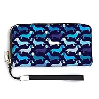 Blue Doxie Dog Dachshund Print RFID Blocking Wallet Slim Clutch Wristlet Travel Long Purse for Women Men