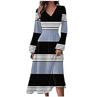 Women's Fall Dresses Autumn and Winter Casual Fashion V-Neck Long Sleeve Stripe Print Dress, S-2XL
