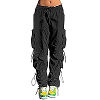 Women's Loose Cargo Pants Retro Multi Pocket Low Waist Drawstring Pig Nose Buckle Slim Straight Woven Casual