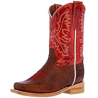 Kids Red Western Cowboy Boots Stitched Leather Square Toe