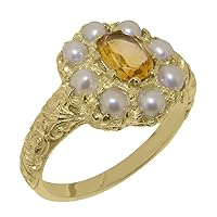 Solid 14k Gold Natural Citrine, Cultured Pearl Womens Cluster Ring - Sizes 4 to 12 Available