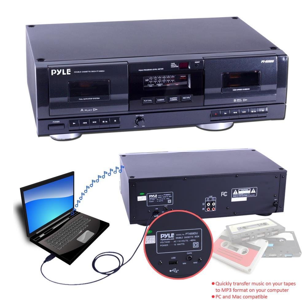 Pyle Dual Stereo Cassette Tape Deck - Clear Audio Double Player Recorder System w/ MP3 Music Converter, RCA for Recording, Dubbing, USB, Retro Design - For Standard / CrO2 Tapes, Home Use - PT659DU