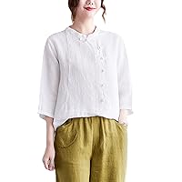 Spring Summer Stand-up Collar Button Three-Quarter Sleeve Cotton Linen top Women's Retro Cotton and Linen Shirt