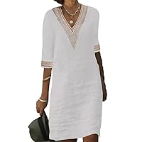Bengbobar Womens Summer V Neck Linen Dress Loose Half Sleeve Solid Linen Dress Casual Classic Comfort Daily Wear Party Dress