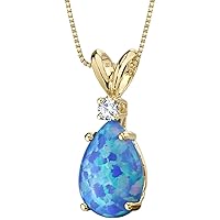 PEORA 14K Yellow Gold Created Blue Opal with Genuine Diamond Pendant, Elegant Teardrop Solitaire, Pear Shape, 10x7mm, 1 Carat total