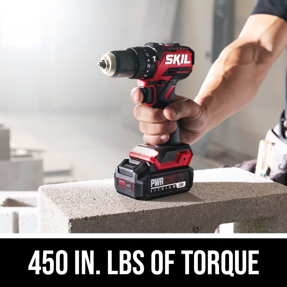 SKIL PWR CORE 20 Brushless 20V 1/2 In. Compact 3-In-1 Hammer Drill Kit with 1/2'' Single-Sleeve, Keyless Chuck & LED Worklight Includes 2.0Ah Battery and PWR JUMP Charger - HD6294B-10