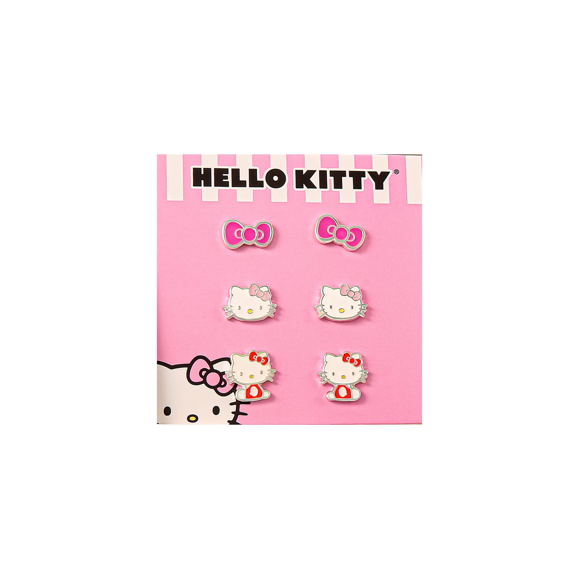 Sanrio Hello Kitty Stud Earrings Set 3-Piece - Silver Plated and Enamel Hello Kitty Earrings Officially Licensed