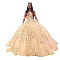 Princess Quinceanera Evening Dresses Scoop Sheer Neck Ball Gown Puffy Off The Shoulder Lace with Sleeves Sweet 16 Dress
