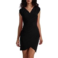 Womens Basic Front Wrapped Deep V Neck Ruched Dress Made in USA