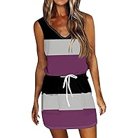 Women's Sun Dress Sundresses for Women 2024 Striped Print Casual Fashion Slim Fit with Waistband Short Sleeve V Neck Summer Dress Purple Large
