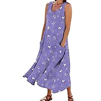Women's Summer Casual Loose Linen Sleeveless Scoop Neck Tank Top Maxi Dress with Pockets