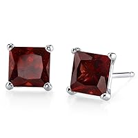Peora Solid 14K White Gold Red Garnet Stud Earrings for Women, Genuine Gemstone Birthstone Solitaire Princess Cut, 6mm, 2.75 Carats total, Friction Back