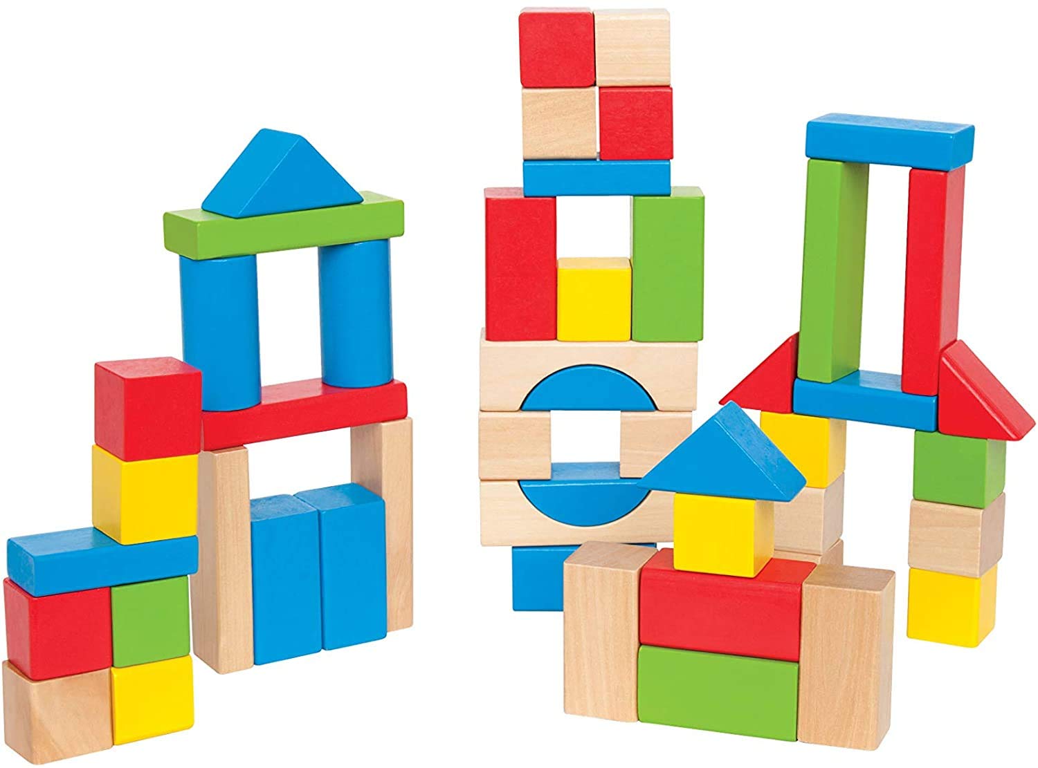  Colorful wooden blocks in various shapes arranged in several structures on a white background.